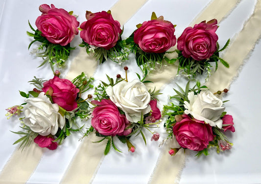 Hot Pink Corsage Wedding White Pink Wrist Corsage Mom Fuchsia Corsage Bridesmaids Greenery Pink White Corsage Prom Artificial Flower