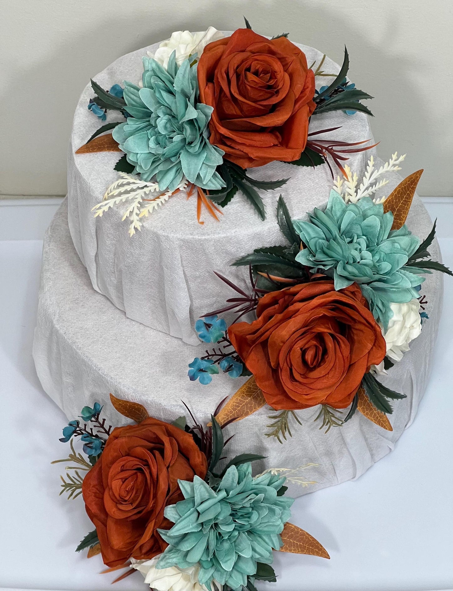 Teal Rust Cake Decoration Wedding Teal Cake Topper Teal Rust White Wedding Cake Decoration Flower Rust Turquoise Artificial Topper Blue