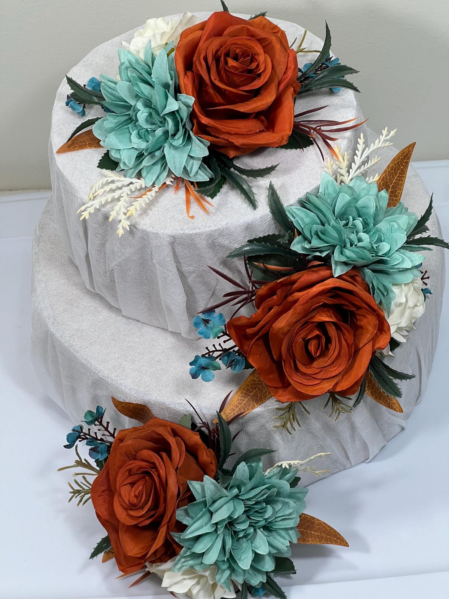 Teal Rust Cake Decoration Wedding Teal Cake Topper Teal Rust White Wedding Cake Decoration Flower Rust Turquoise Artificial Topper Blue