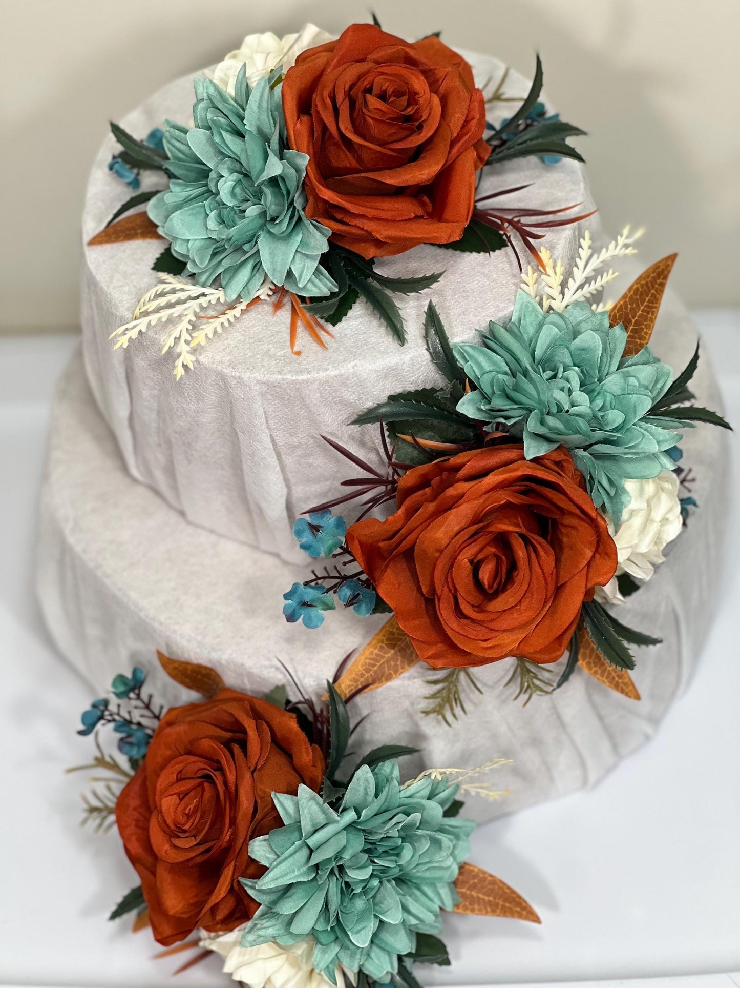 Teal Rust Cake Decoration Wedding Teal Cake Topper Teal Rust White Wedding Cake Decoration Flower Rust Turquoise Artificial Topper Blue