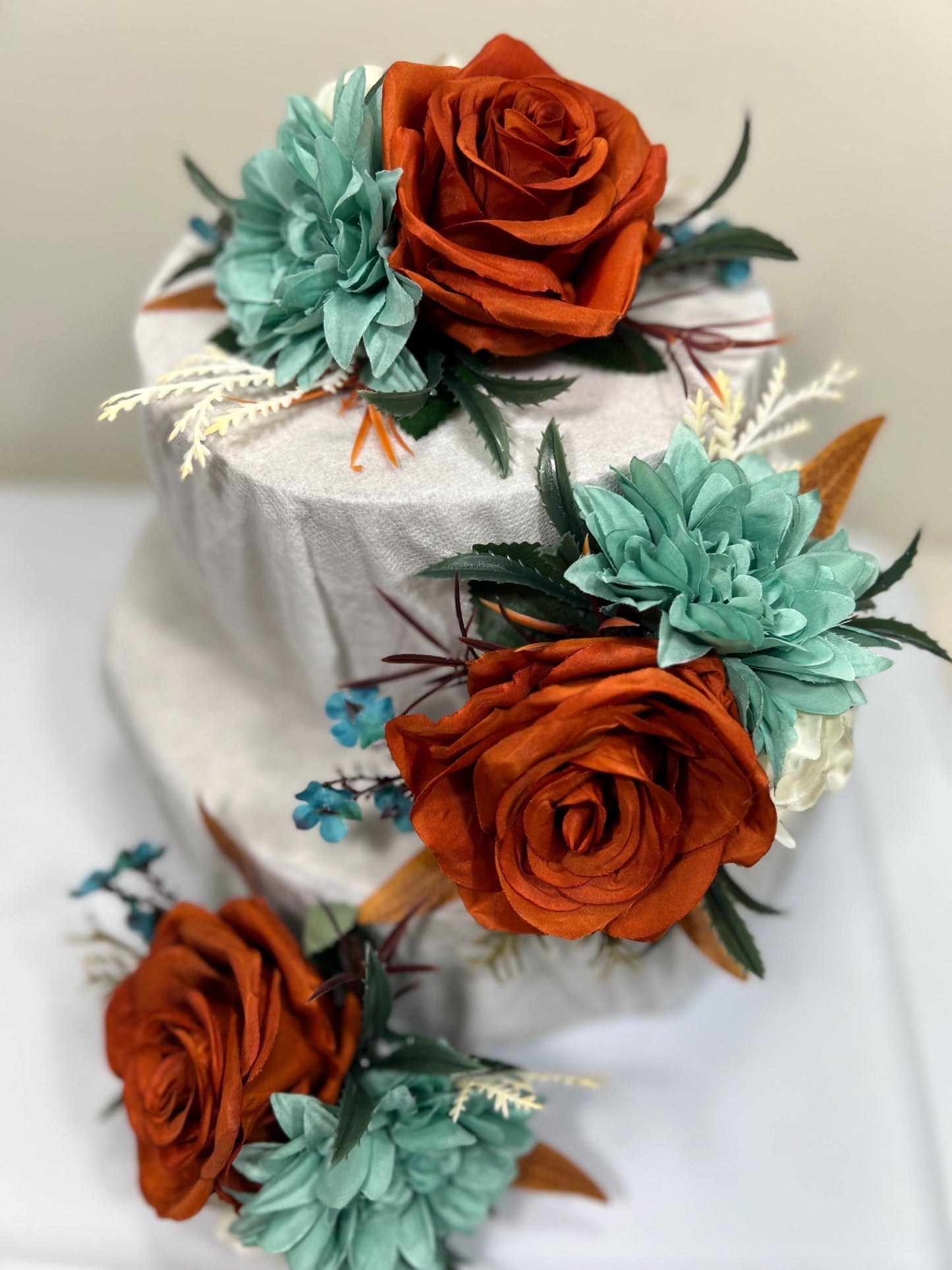 Teal Rust Cake Decoration Wedding Teal Cake Topper Teal Rust White Wedding Cake Decoration Flower Rust Turquoise Artificial Topper Blue