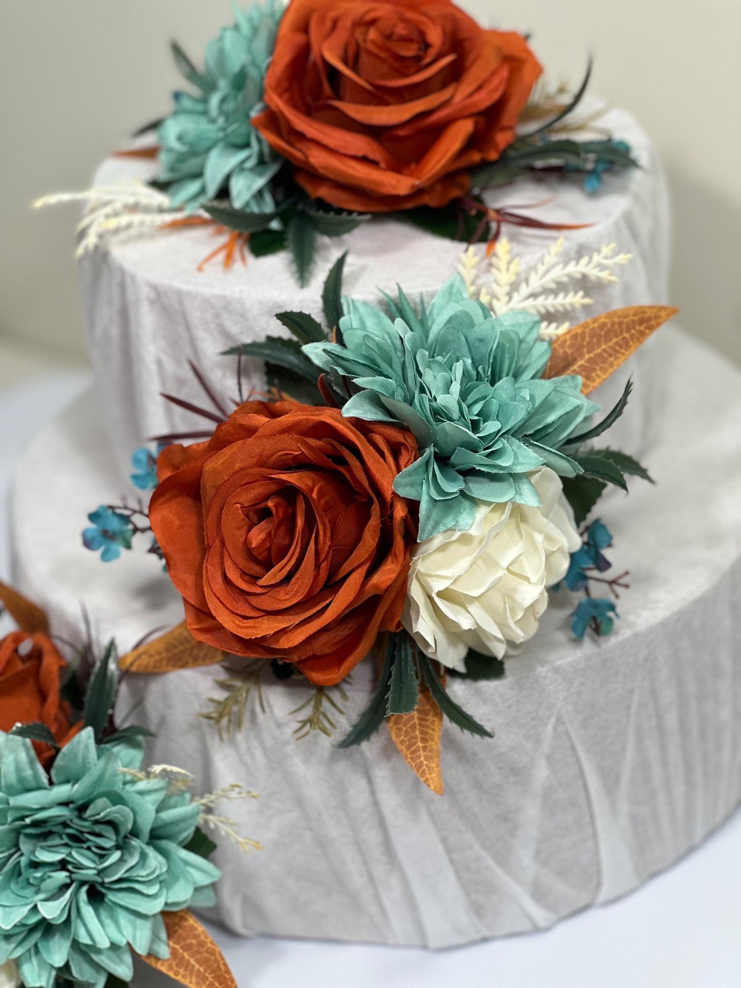 Teal Rust Cake Decoration Wedding Teal Cake Topper Teal Rust White Wedding Cake Decoration Flower Rust Turquoise Artificial Topper Blue