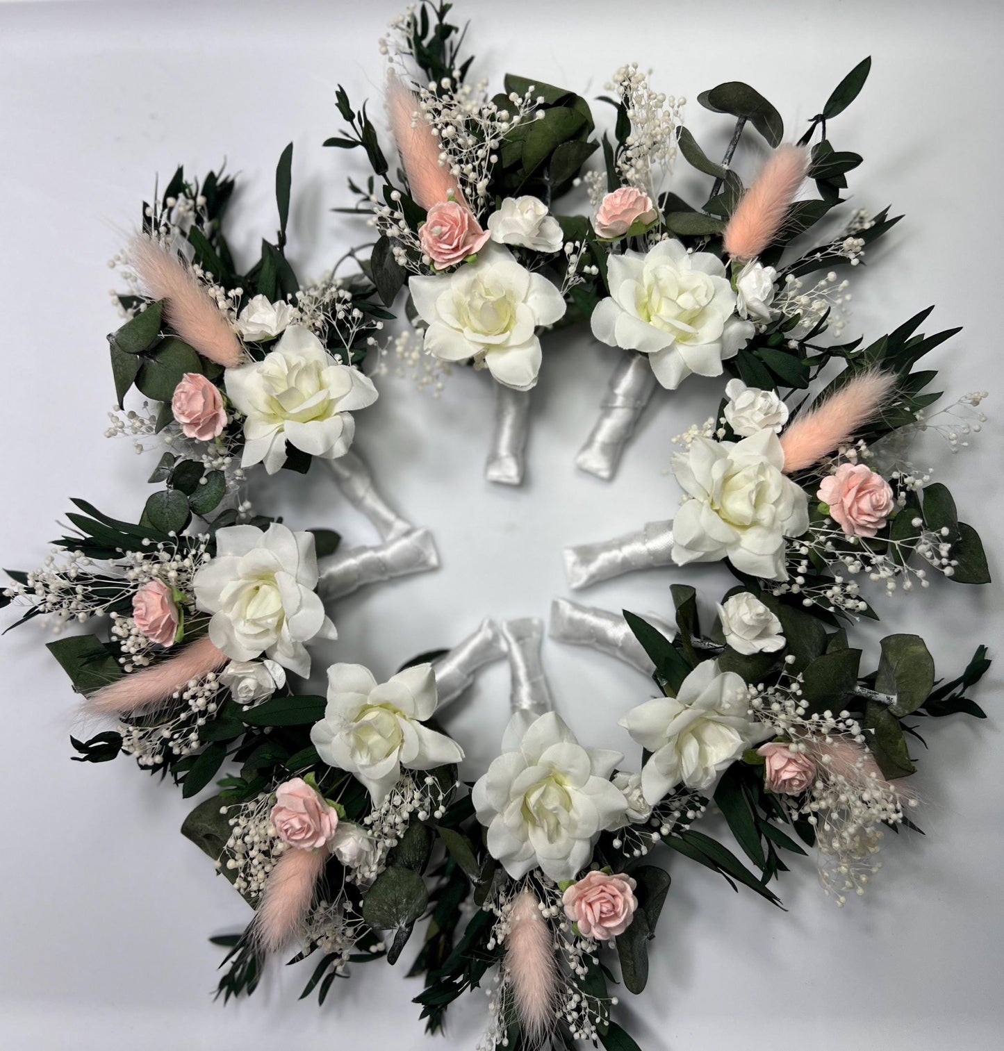 White Blush Boutonniere Wedding Eucalyptus Boutonniere Wrist Corsage Bridesmaids White Blush Mom Pink Baby Breath Accessories Artificial
