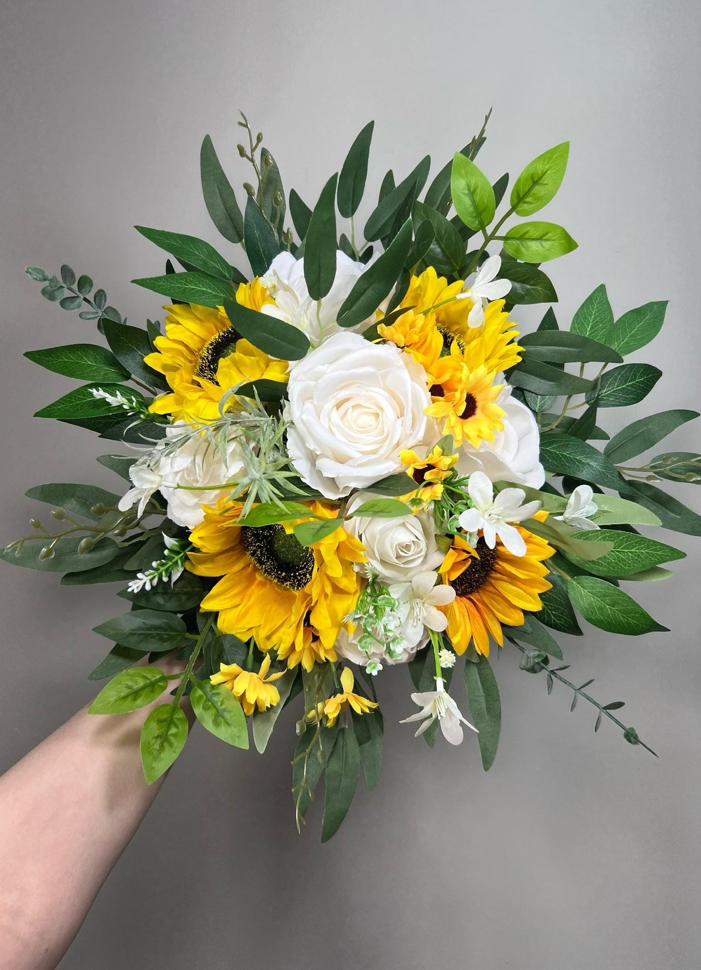 Sunflower Bouquet Bridal White Sunflowers Wedding Bouquet White Baby Breath Bridesmaids Yellow Sunflowers Bouquet Eucalyptus Artificial