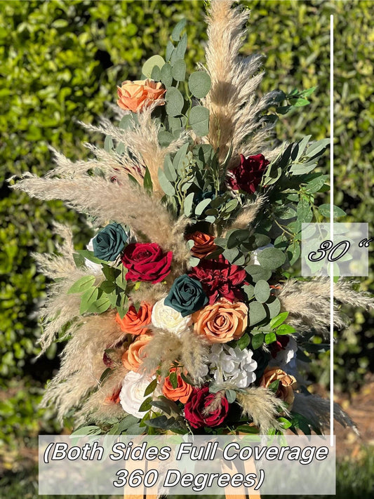 Set of 2 Wedding Aisle Marker Flower Floor Arrangement Barrel Décor Teal Burnt Orange Burgundy