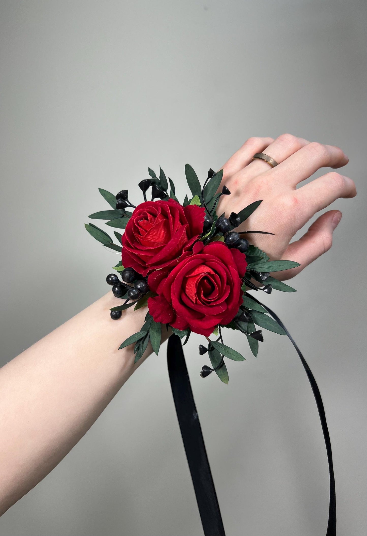 Red Corsage Wedding Wrist Corsage Dark Red Eucalyptus Bridesmaids Dark Red Corsage Prom Corsage Red Black Artificial Flower