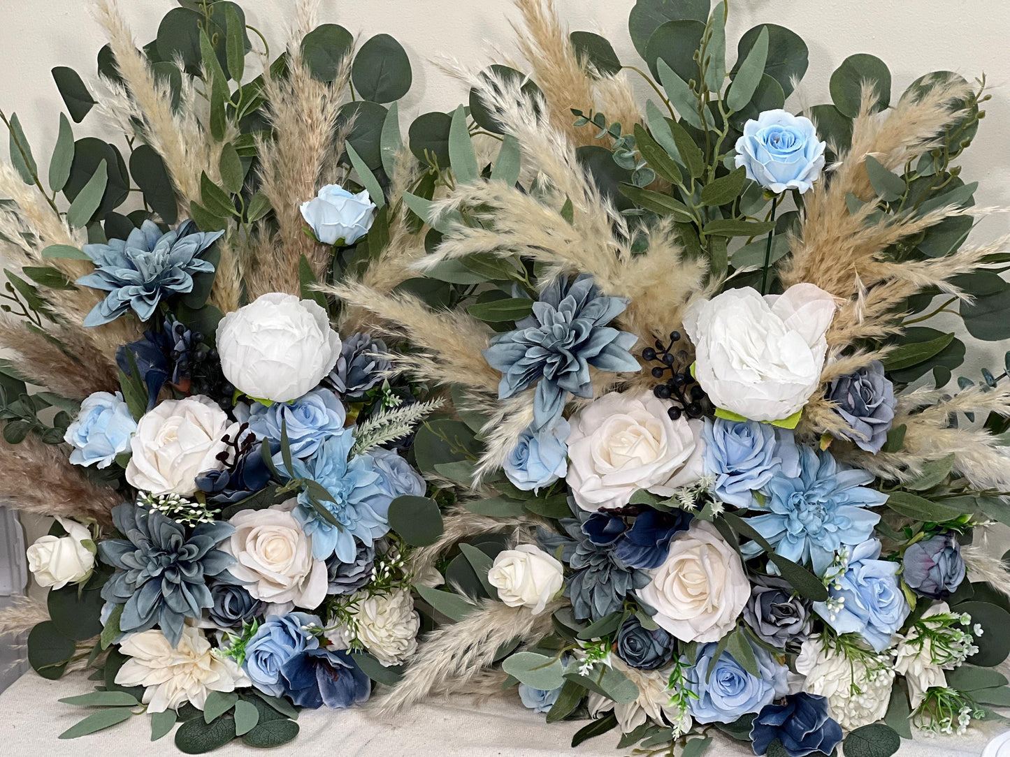 Wedding Aisle Marker Flower Floor Arrangement Whiskey Barrel Décor Blue Boho White Dusty Blue Ground Arch Ivory Blue Sky Pampas Grass