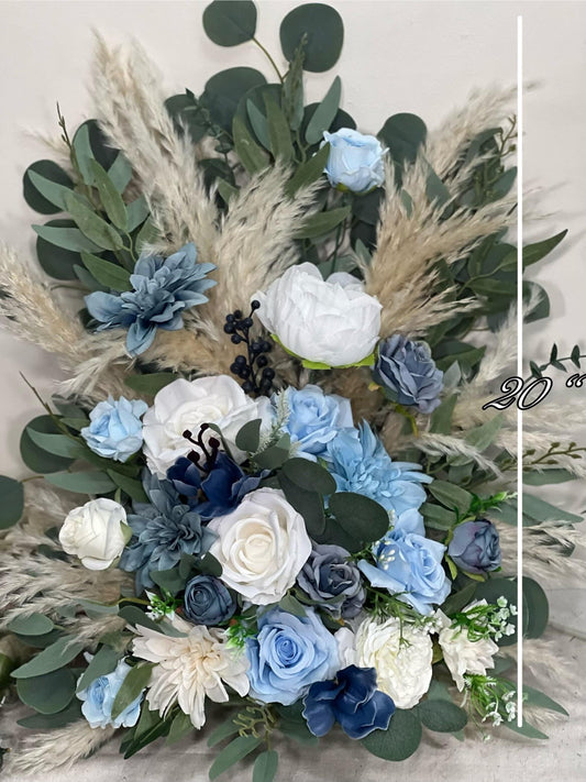 Wedding Aisle Marker Flower Floor Arrangement Whiskey Barrel Décor Blue Boho White Dusty Blue Ground Arch Ivory Blue Sky Pampas Grass