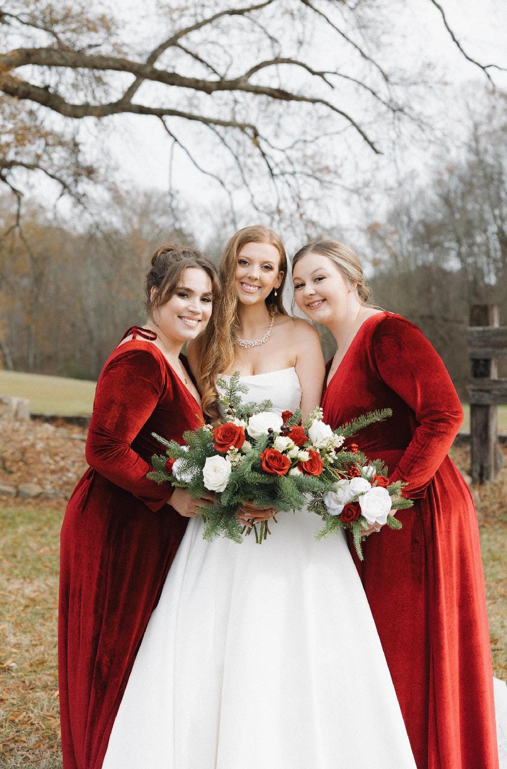 Wedding Christmas Bouquet Bridal White Rustic Bridesmaids Bouquet Red Winter Christmas Tree Pine Red Berries Artificial Flowers Winter