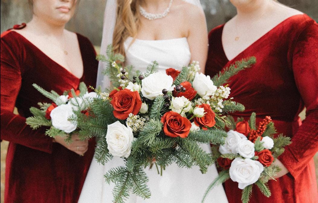 Wedding Christmas Bouquet Bridal White Rustic Bridesmaids Bouquet Red Winter Christmas Tree Pine Red Berries Artificial Flowers Winter