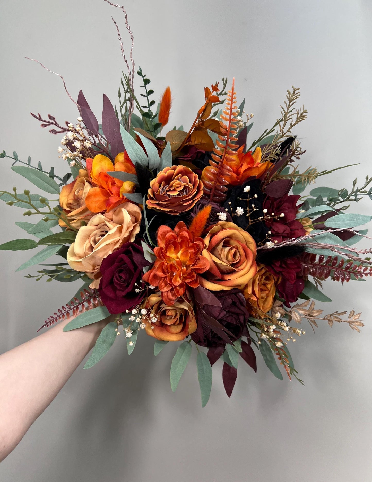 Wedding Bouquet Terracotta Burnt Orange Bridal Rust Bouquet Black Halloween Bouquet Burgundy Fall Eucalyptus Wine Red Artificial Flower