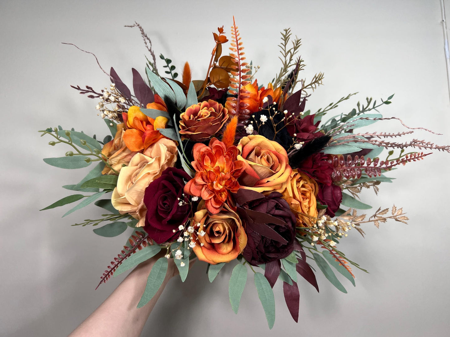 Wedding Bouquet Terracotta Burnt Orange Bridal Rust Bouquet Black Halloween Bouquet Burgundy Fall Eucalyptus Wine Red Artificial Flower