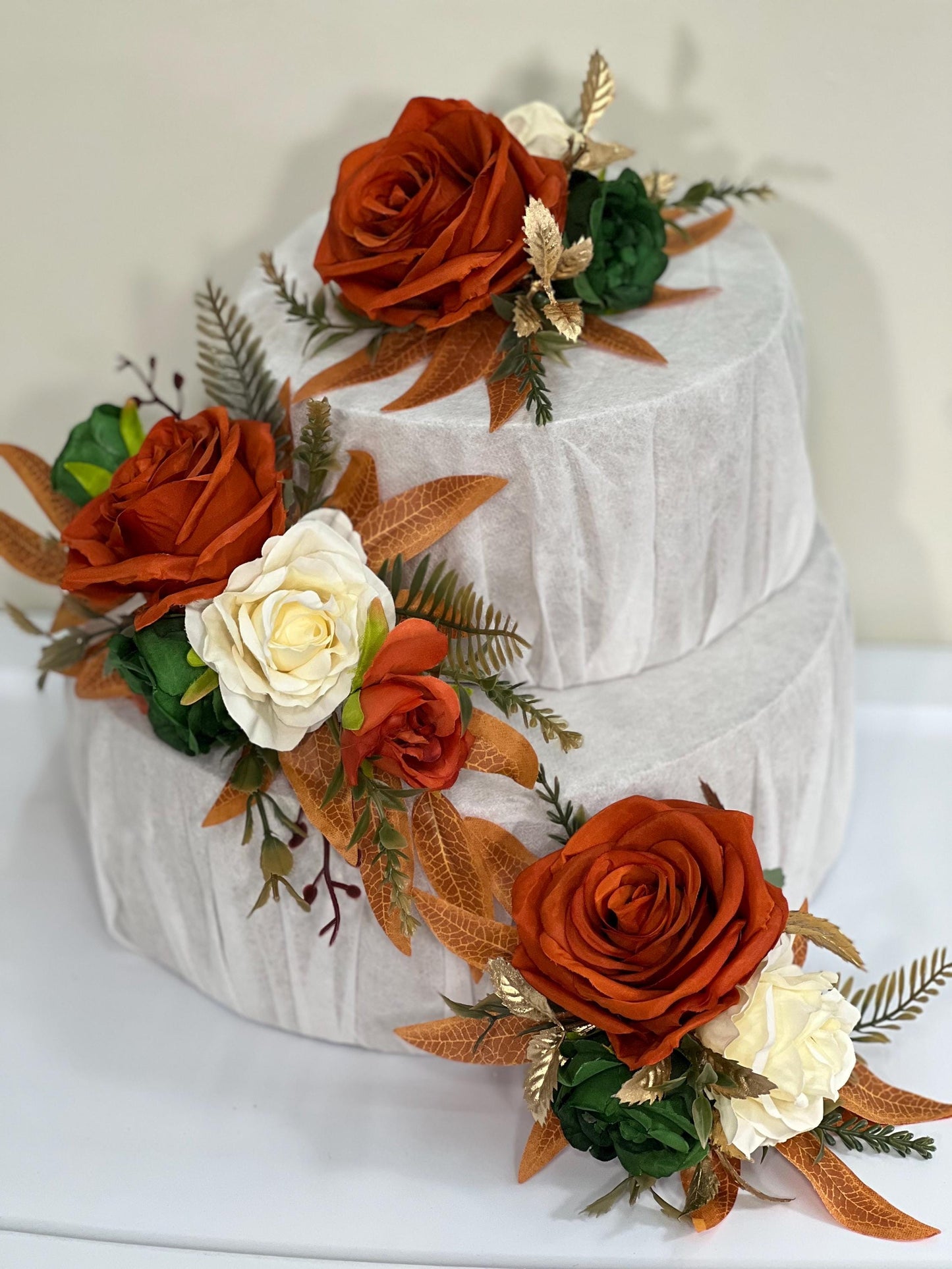 Rust Cake Decor Flower Wedding Terracotta Green Ivory Cake Arrangements Artificial Flower Emerald Green Burnt Orange Champagne Flower Cake