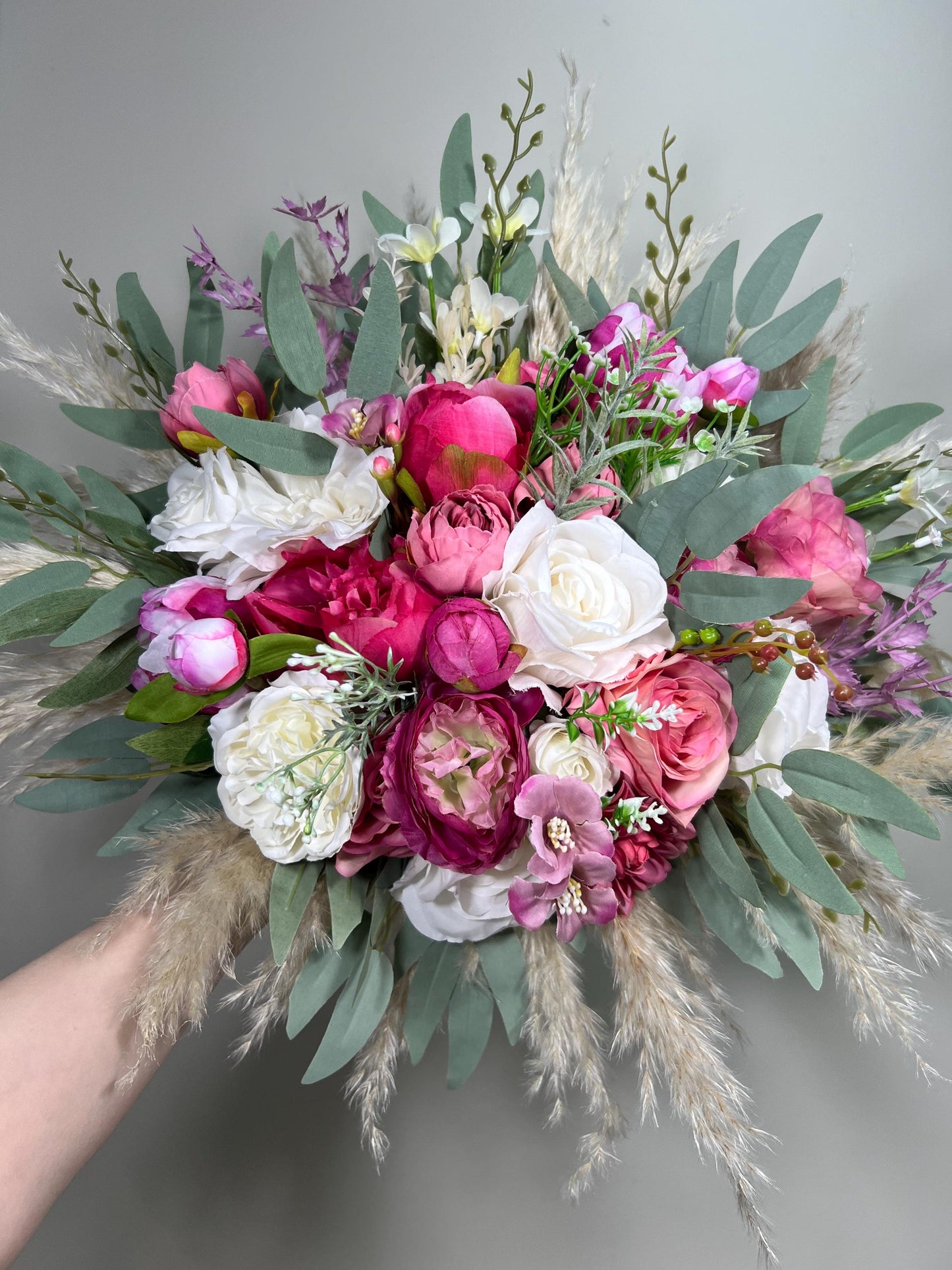 Pink Bouquet Wedding Bridal Fuchsia Bouquet White Viva Magenta Boho Bouquet Hot Pink Ivory Pampas Grass Bouquet Bridesmaids WildFlowers