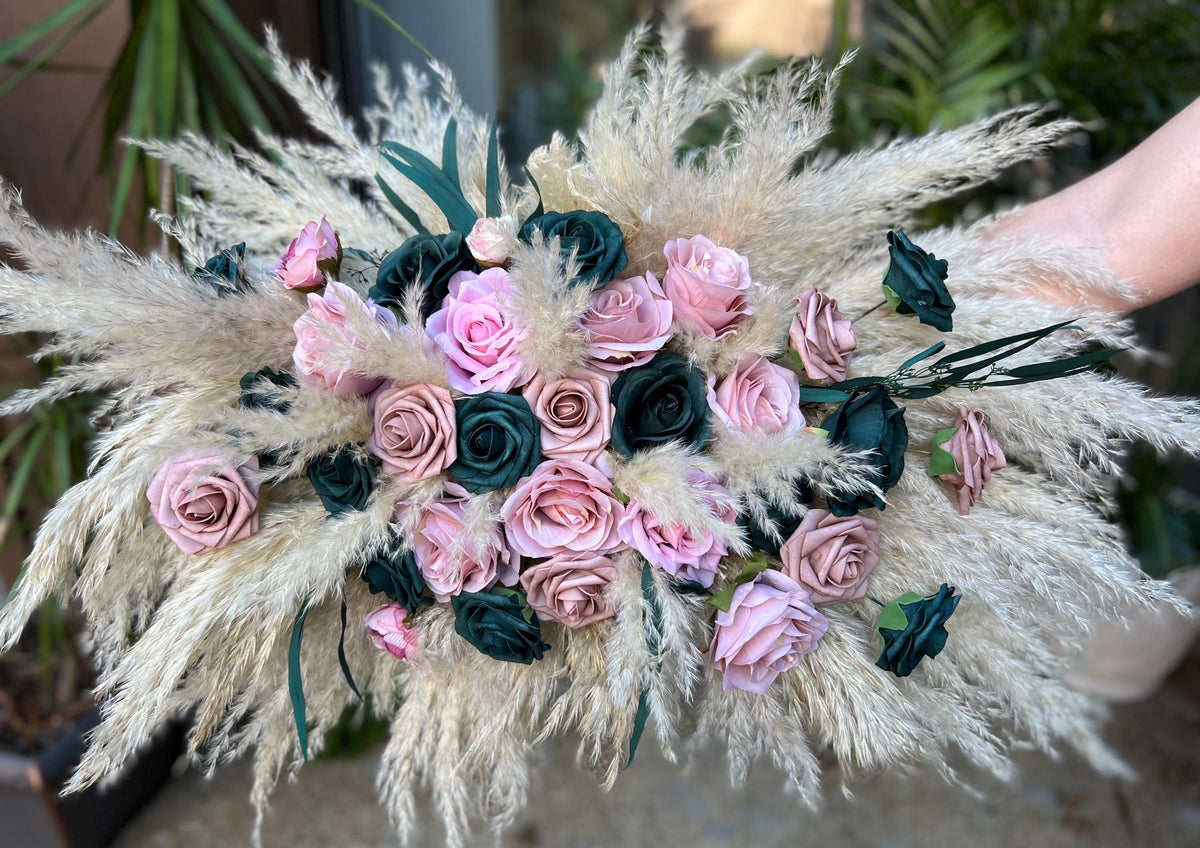 Dusty Rose Teal Arch Arrangements Wedding Dark Teal Boho Arbor Arrangements Aisle Dusty Rose Dark Teal Wedding Pampas Grass Backdrop Flowers