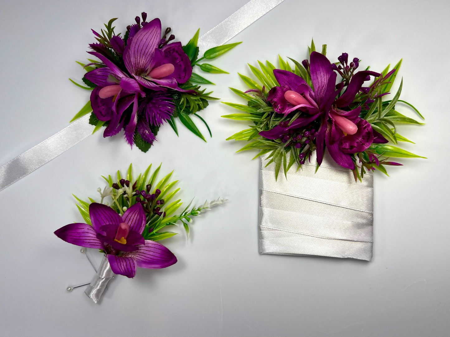 Purple Orchid Corsage Wedding Mom Square Boutonniere Pocket Beach Tropical Deep Purple Groomsmen Prom Artificial