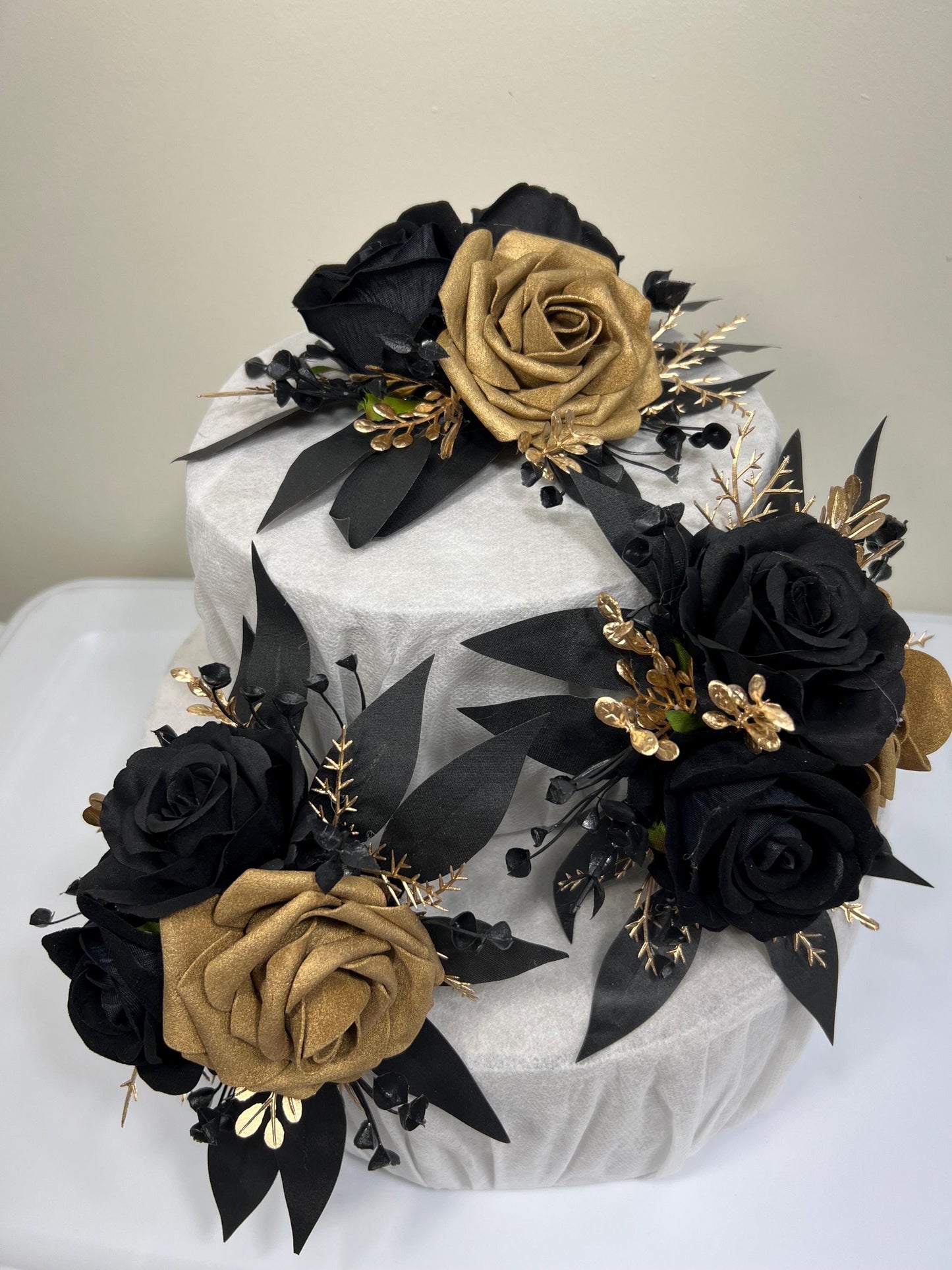 Black Cake Decoration Wedding Cake Flower Topper Gold Black Decor Attificial Flower Cake Arrangement Black Gold Cake Topper Flower Gothic