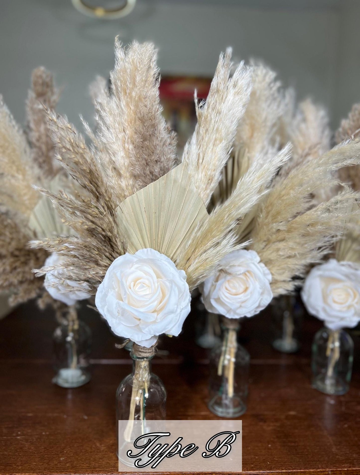 Dusty Rose Boho Wedding Centerpiece • Pampas Grass & Palm Leaf Floral • Silk Table Decor • Rustic Bridal Shower Arrangement