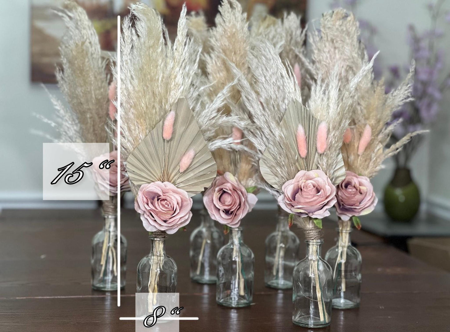 Dusty Rose Boho Wedding Centerpiece • Pampas Grass & Palm Leaf Floral • Silk Table Decor • Rustic Bridal Shower Arrangement