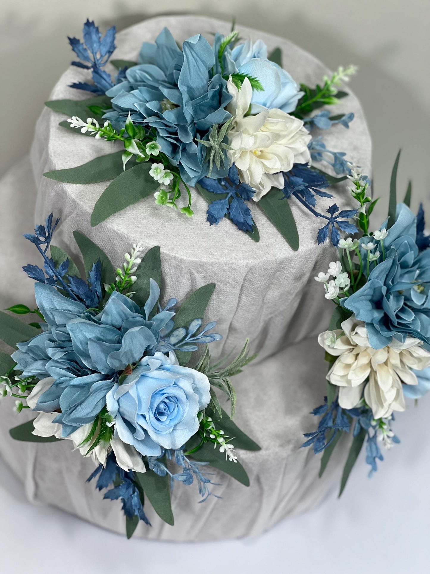 Dusty Blue Cake Decor Wedding White Dusty Blue Cake Topper Flower Dahlia Cake Arrangement Flower White Sky Blue Artificial Flower Cake Decor