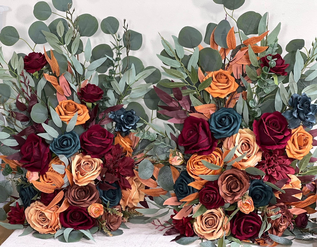 Set of 2 Wedding Aisle Marker Flower Floor Arrangement Whiskey Barrel Décor Dark Teal Burnt Orange Burgundy Terracotta Ground Arch Rust