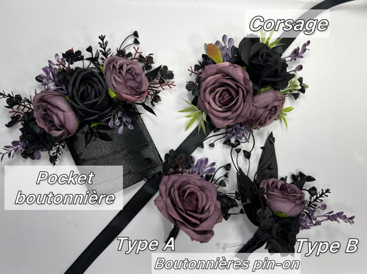 Black Purple Pocket Boutonniere Wedding Plum Groom Square Boutonniere Gothic Dark Purple Black Boutonniere Groomsmen Pocket Boutonnière
