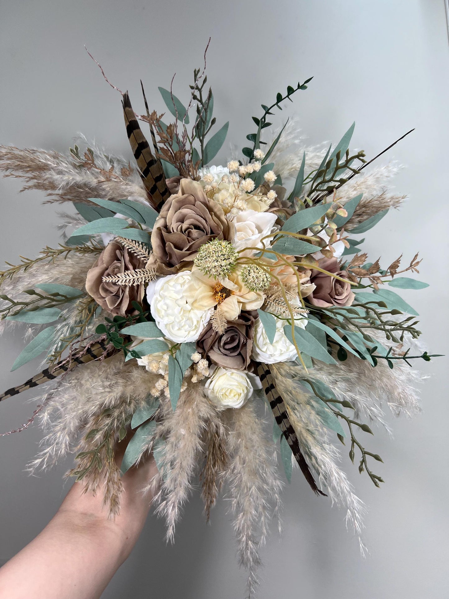 Brown Bouquet Wedding Bridal Taupe Bouquet Boho Pheasant Feathers Brown Bridesmaids Bouquet Pampas Grass White Brown Baby Breath Eucalyptus