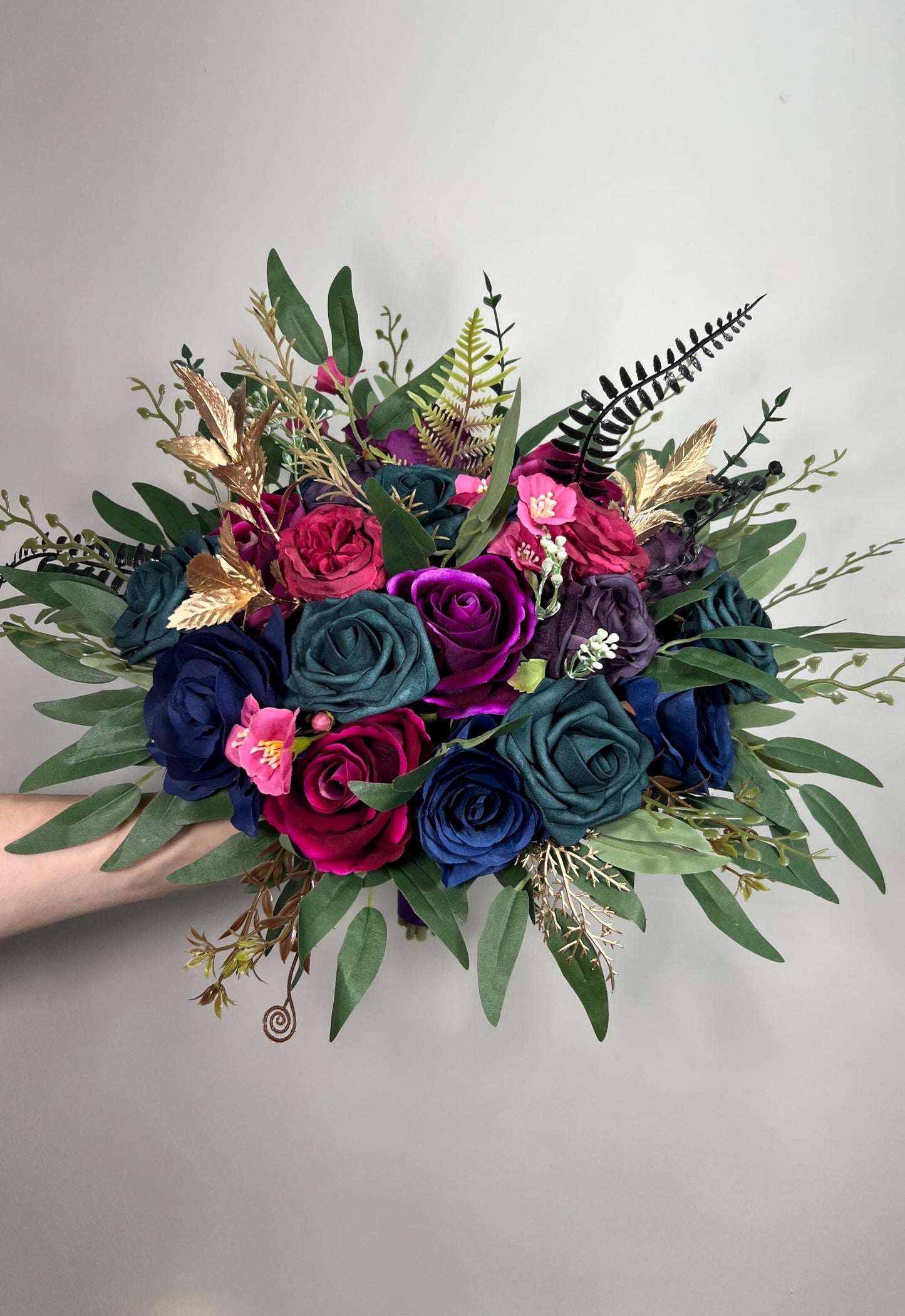 Jewel Tones Wedding Bouquet, Bridal Cascading Navy Hot Pink Bouquet, Cascade Bouquet Fuchsia Teal Blue Purple, Gem Colors Bridesmaids Flower