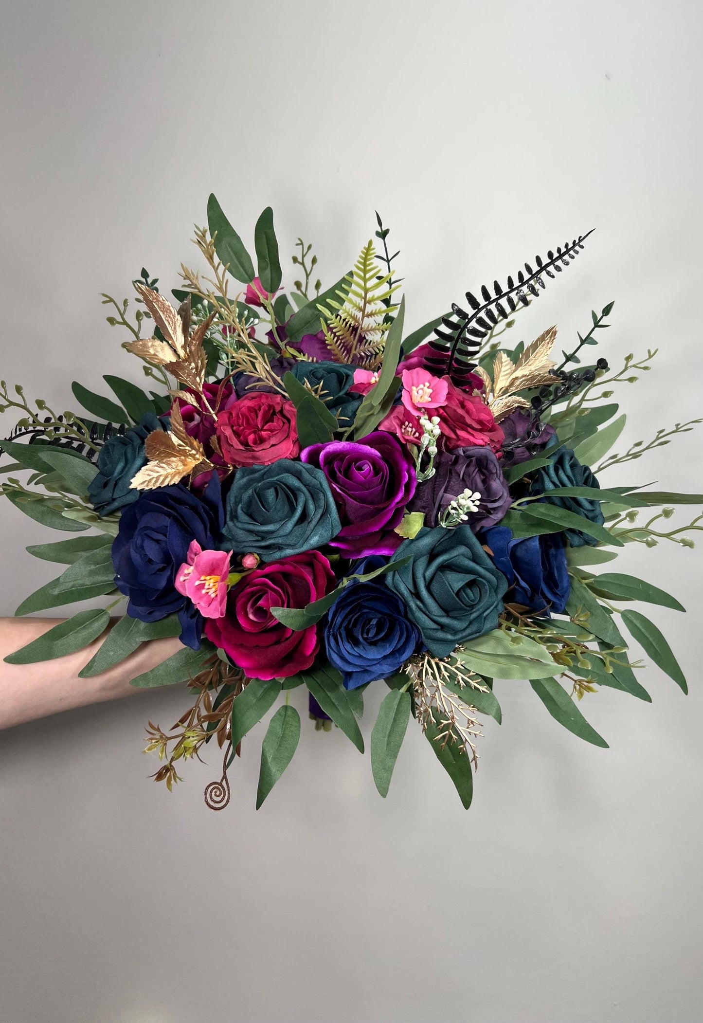 Jewel Tones Wedding Bouquet, Bridal Cascading Navy Hot Pink Bouquet, Cascade Bouquet Fuchsia Teal Blue Purple, Gem Colors Bridesmaids Flower