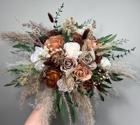 Brown Bouquet Wedding Bridal Tan White Bouquet Boho Taupe Bridesmaids Bouquet Pampas Grass White Terracotta Baby Breath Cinnamon Eucalyptus