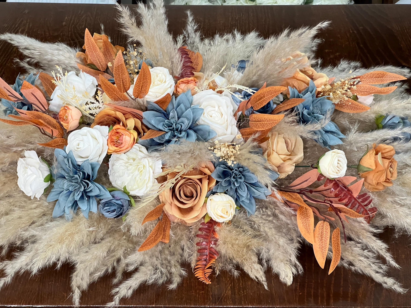Wedding Sweetheart Dusty Blue Terracotta White Burnt Orange Centerpiece Boho Table Decor Blue Rust Pampas Grass Table Centerpiece Orange