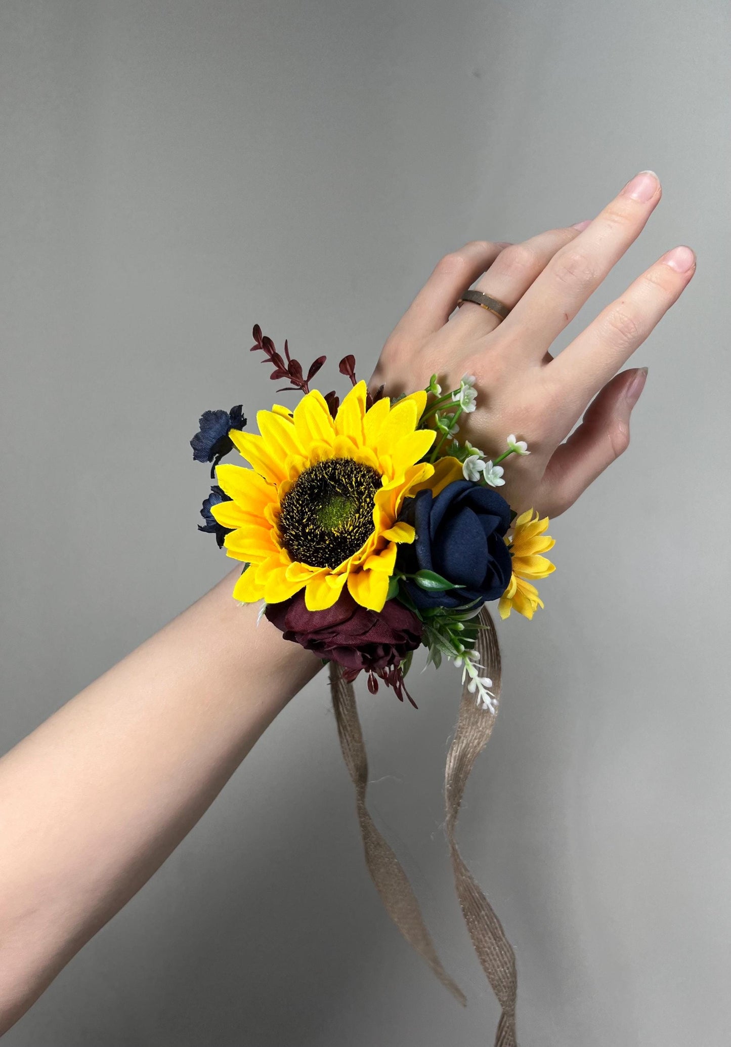 Sunflowers Corsage Wedding Burgundy Navy Blue Sunflower Corsage Wrist Bridesmaids Sunflowers Corsage Maroon Navy Blue Dark Corsage Fall