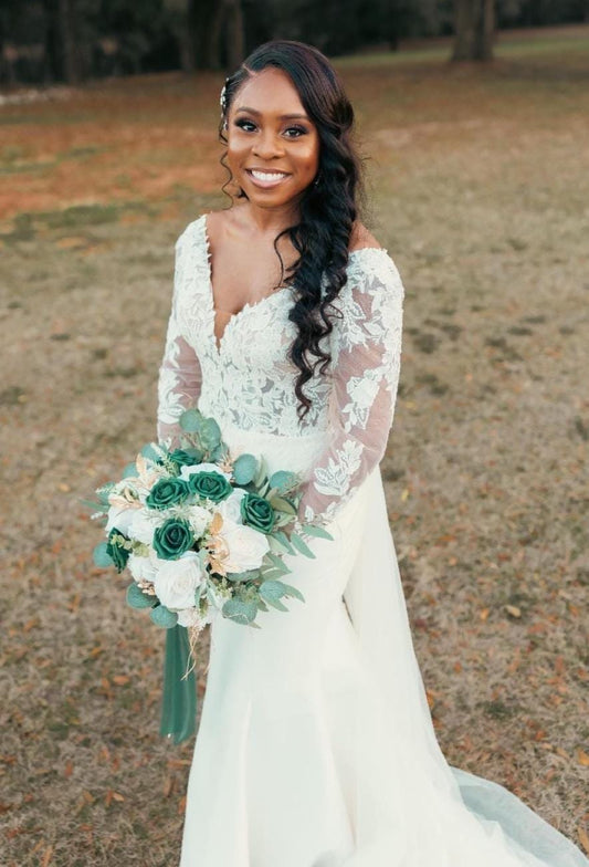 Emerald Green Bouquet Bridal White Hunter Green Bridesmaids Bouquet Emerald Green Forest Ivory Bouquet Gold Artificial Flower
