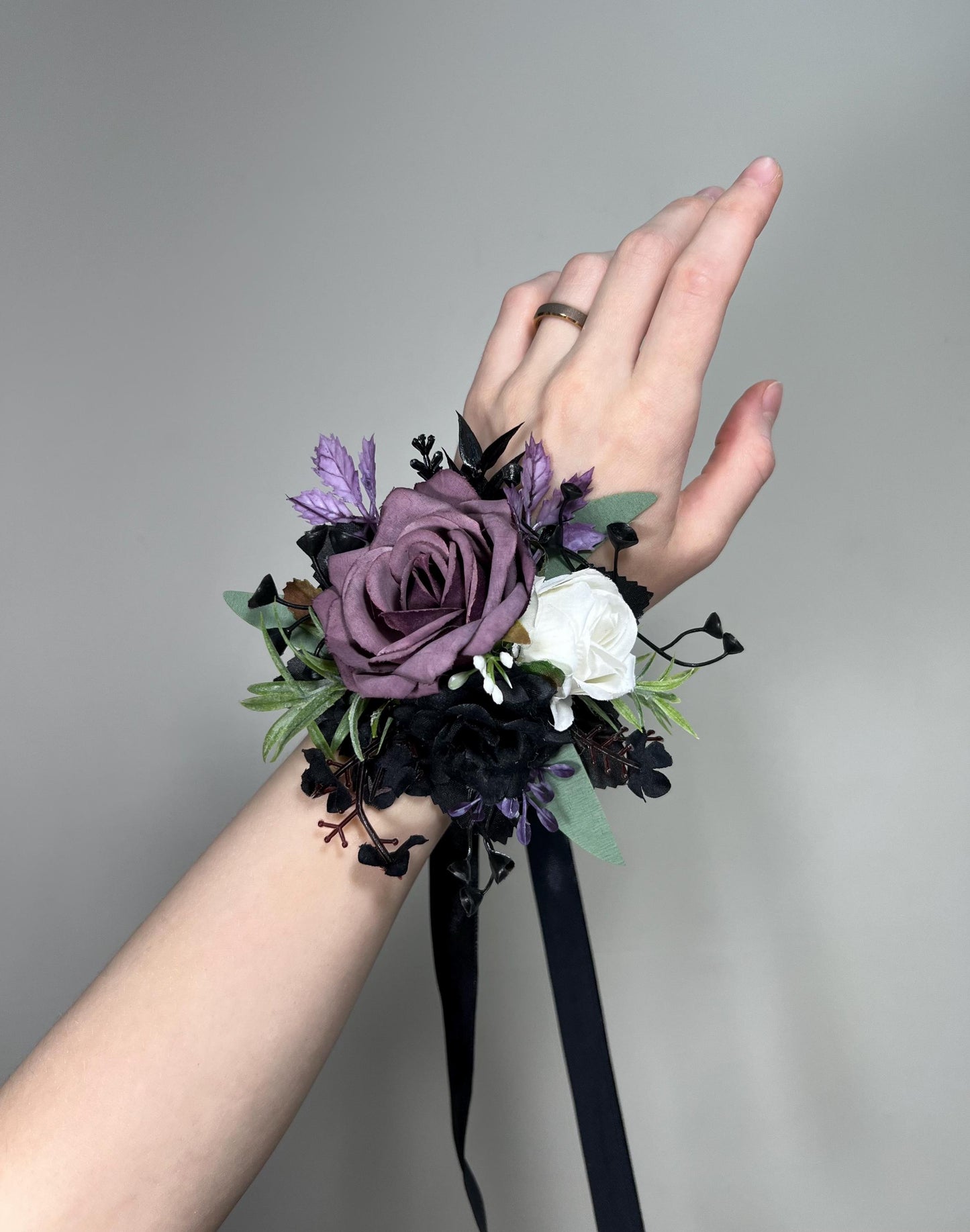 Black Plum White Corsage Wedding Gothic Wrist Corsage Bridesmaids Black Purple Corsage Mom Plum Black Dark Purple Corsage Artificial Flower