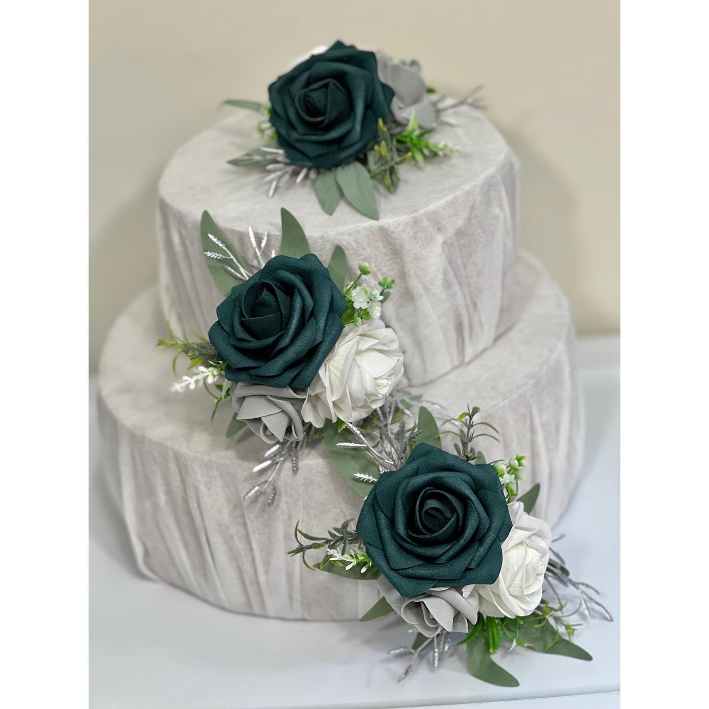 Teal Cake Decoration White Cake Topper Dark Teal Decor Cake Arrangements Teal White Gray Wedding Cake Decoration Silver Flower Topper