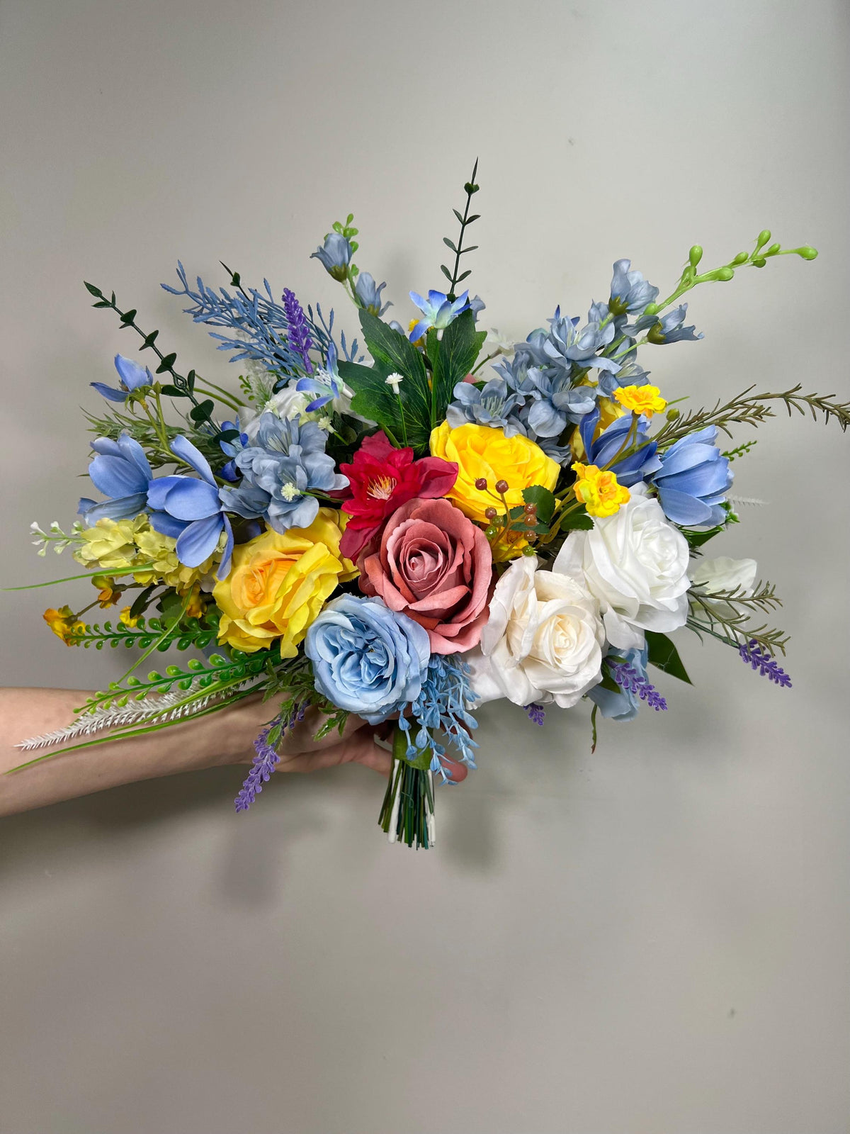 Summer Bouquet WildFlowers White Blue Bridal Yellow Spring Bouquet Ivory Dusty Blue Light Bridesmaids Bouquet Colorful Artificial Flowers