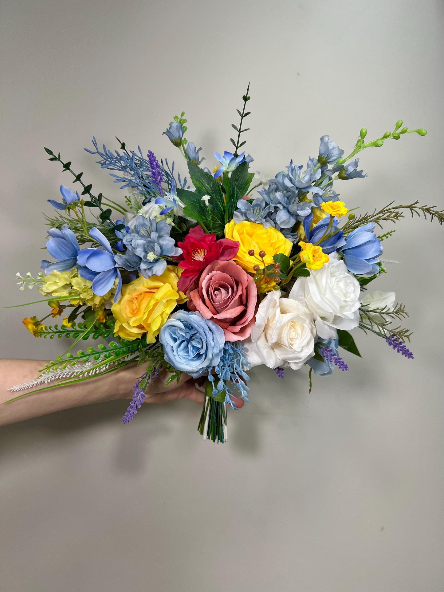 Summer Bouquet WildFlowers White Blue Bridal Yellow Spring Bouquet Ivory Dusty Blue Light Bridesmaids Bouquet Colorful Artificial Flowers