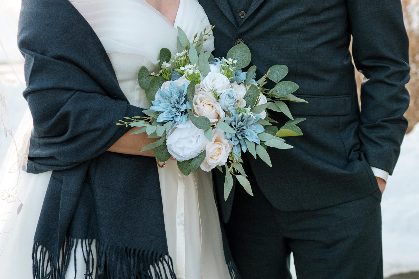 Dusty Blue White Bouquet Wedding Bridal Bouquet Ivory Dusty Blue Bouquet Bridesmaids Blue Cream Bouquet Eucalyptus Artificial Flower