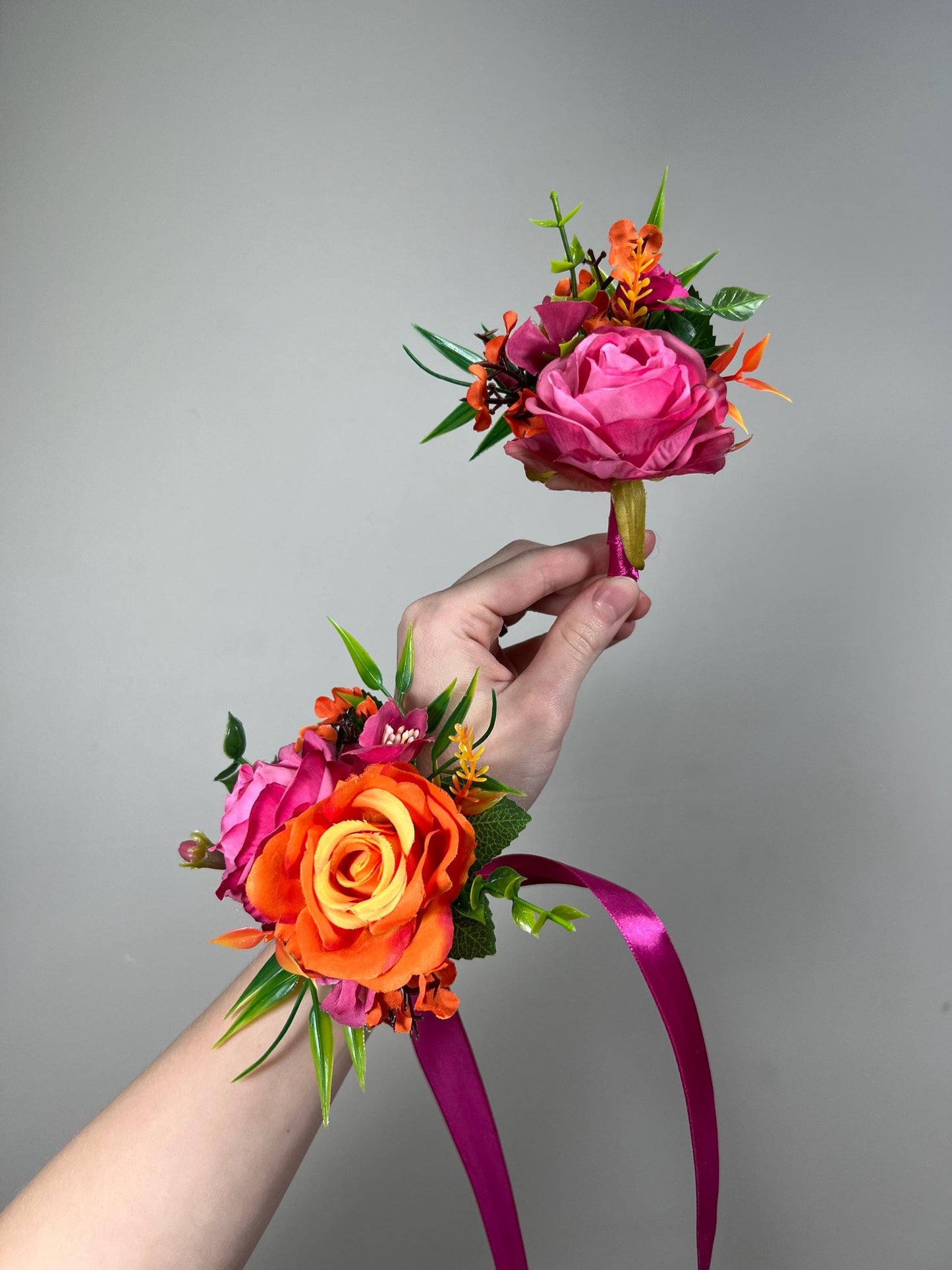 Hot Pink Orange Corsage Wedding Fuchsia Wrist Corsage Bright Summer Corsage Burnt Orange Pink Bridesmaids Corsage Tropical Rose Hot Pink