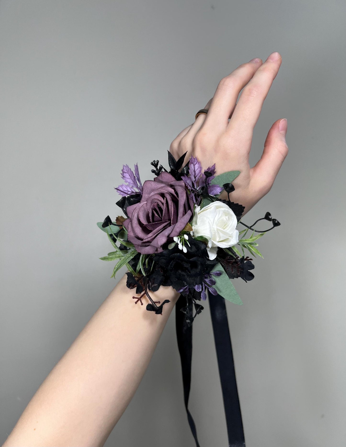Black Plum White Corsage Wedding Gothic Wrist Corsage Bridesmaids Black Purple Corsage Mom Plum Black Dark Purple Corsage Artificial Flower