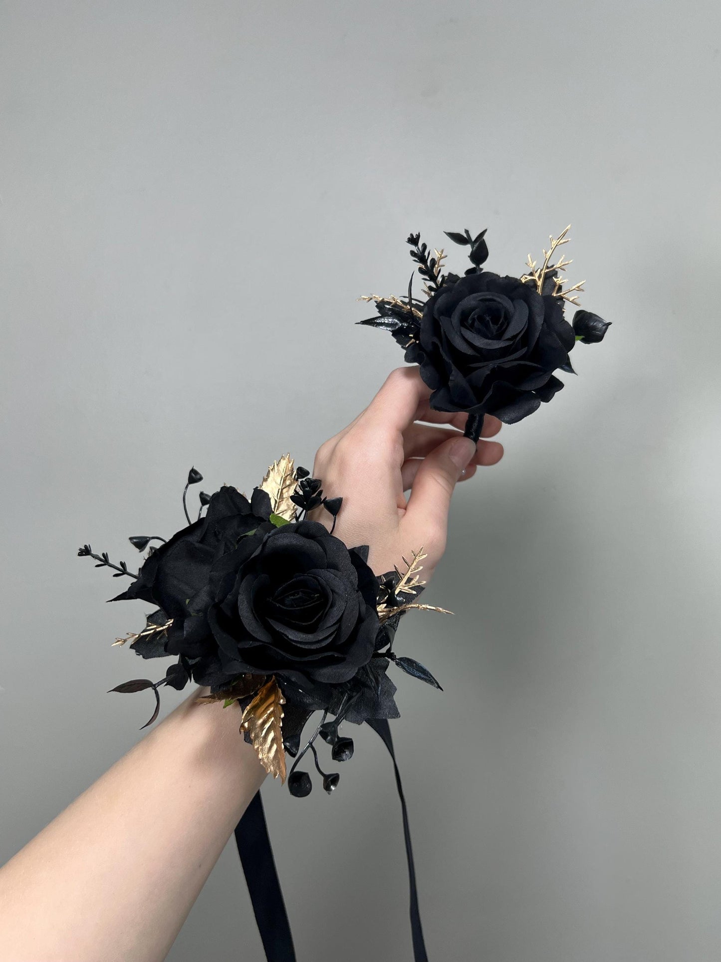 Black Corsage Wedding Black Gold Wrist Corsage Gothic Black Corsage Bridesmaids Gold Black Prom Corsage Mom Black Artificial Flowers