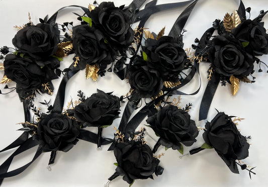 Black Corsage Wedding Black Gold Wrist Corsage Gothic Black Corsage Bridesmaids Gold Black Prom Corsage Mom Black Artificial Flowers