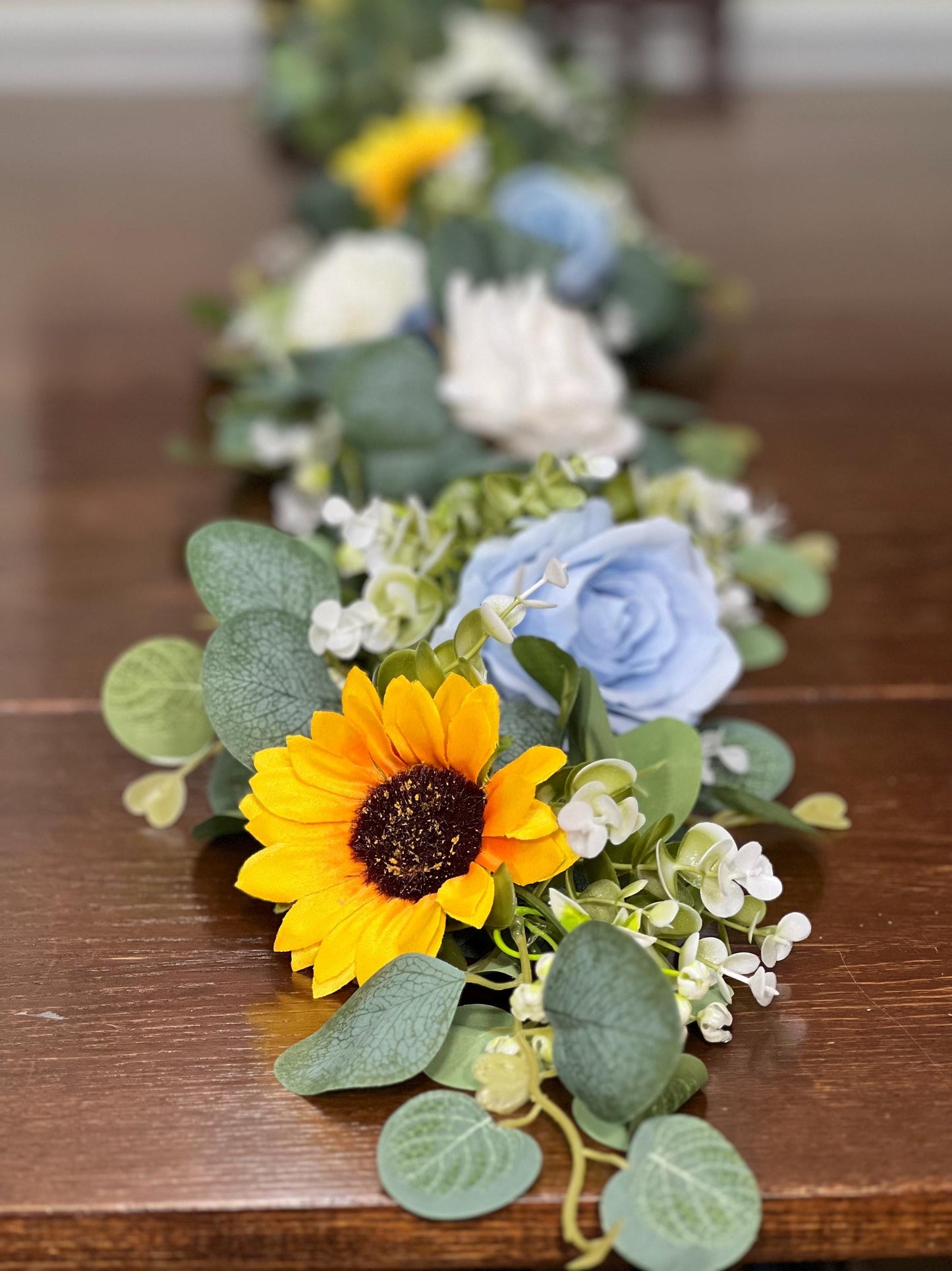 Sunflower Garland Wedding White Blue Eucalyptus Garland Greenery Baby Blue Decor Table Runner Ivory Sunflowers Mantle Garland Artificial