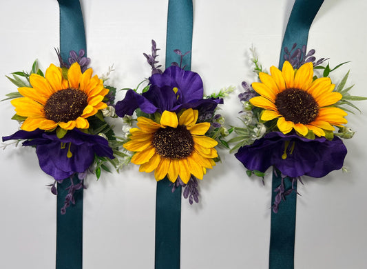 Sunflower Corsage Purple Wedding Sunflowers Wrist Corsage Dark Purple Sunflower Corsage Bridesmaids Yellow Sunflower Plum Prom Corsage