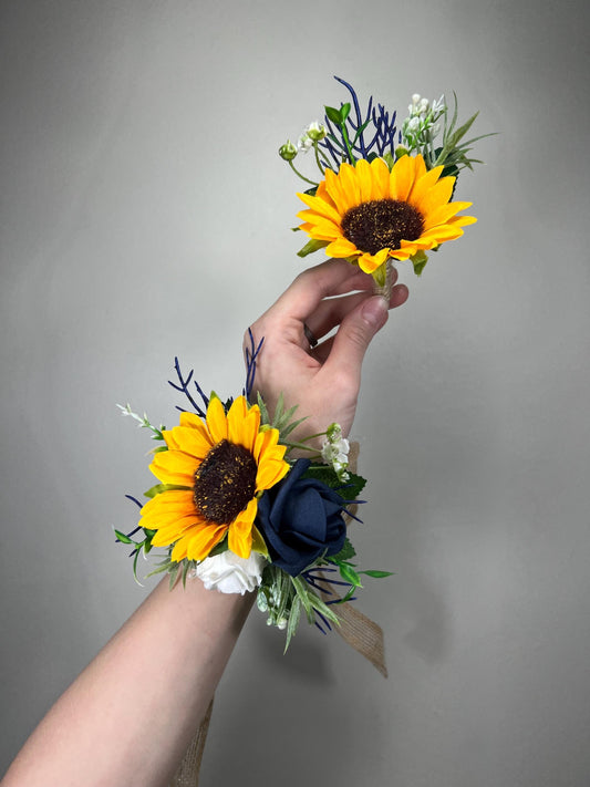 Sunflowers Corsage Wedding Navy Blue Sunflower Corsage Wrist Bridesmaids Sunflowers Corsage Navy Blue Dark Corsage Fall Artificial Flowers
