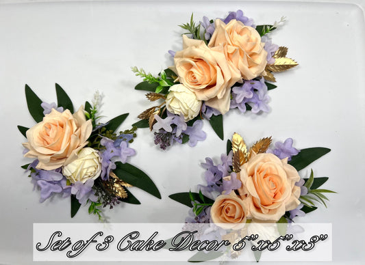 Peach Cake Flower Decor Wedding Lavender Peach Cake Arrangement Rustic Artificial Flowers Cake Topper Ivory Lilac Peach Silk Flowers Cake