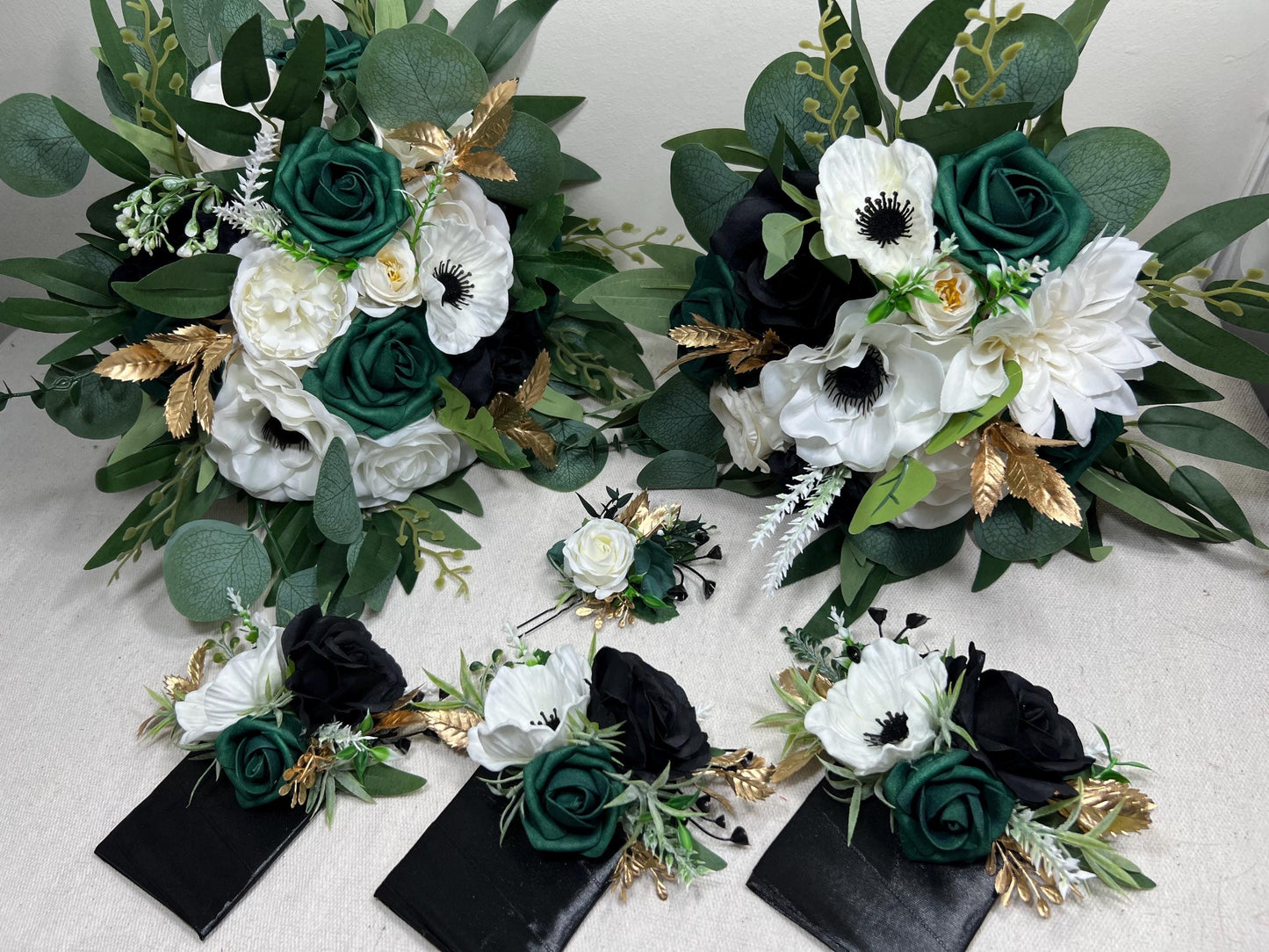 Emerald Green Bouquet Bridal White Black Bouquet Bridesmaids Emerald Green Forest Anemone Bouquet Gold Black Eucalyptus Artificial Flower