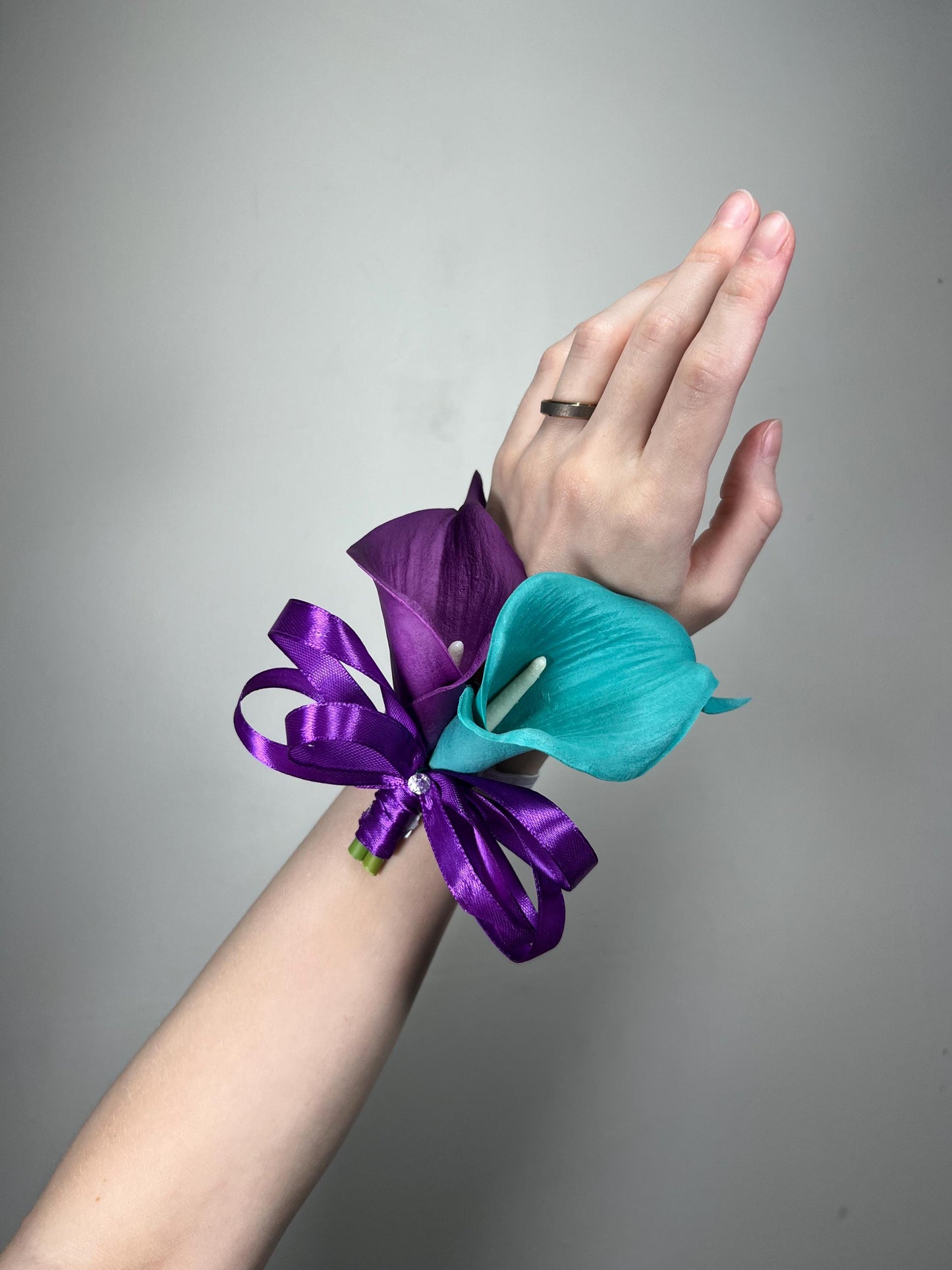 Calla Lily Corsage Wedding Teal Purple Calla Lily Wrist Corsage Teal Blue Calla Lilies Real Touch Royal Purple Corsage Bridesmaids