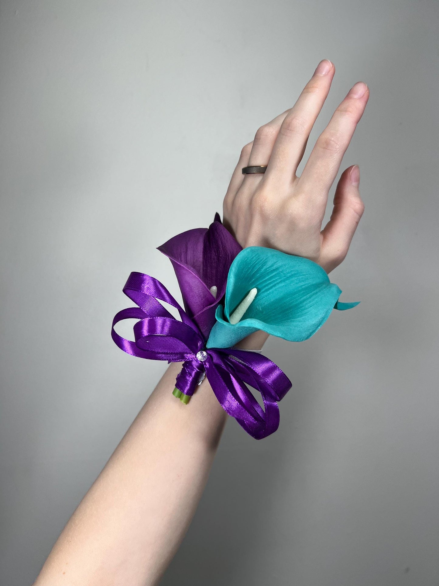 Calla Lily Corsage Wedding Teal Purple Calla Lily Wrist Corsage Teal Blue Calla Lilies Real Touch Royal Purple Corsage Bridesmaids