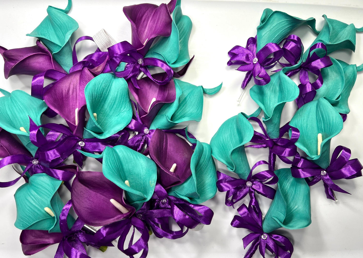Calla Lily Corsage Wedding Teal Purple Calla Lily Wrist Corsage Teal Blue Calla Lilies Real Touch Royal Purple Corsage Bridesmaids